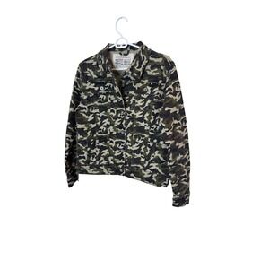 White Mark Jacket Womens Small Green Camo Denim Button Front Stretch Casual